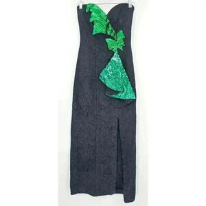 Vintage 80s/90s Loralie Original Women's 6 Black Form Fitting Gown w/ Green Bow